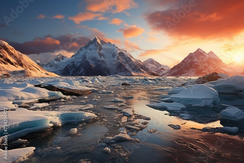 Majestic glacier between snowy peaks to sunset., generative IA © JONATAS