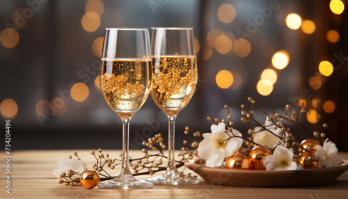 Celebration table, wineglass, champagne, glowing candle, winter night, party generated by AI