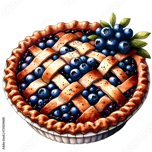 Homemade Blueberry pie with glossy berries and golden clipart, crust blueberry pie, presented on a plain white background, Blueberry pie watercolor
