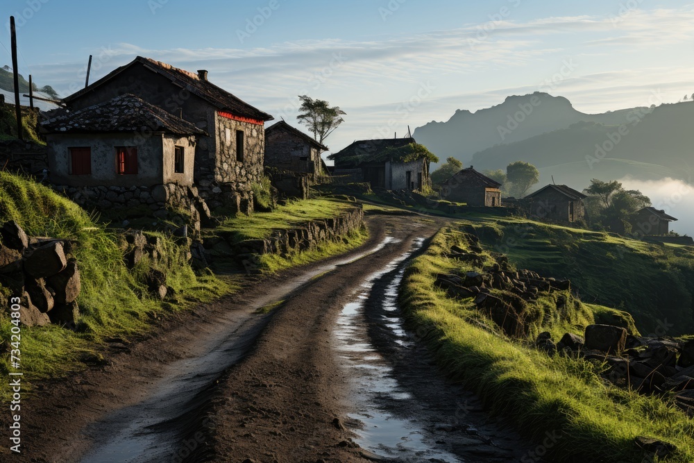 Traditional village between Fertile Lava Campos., generative IA