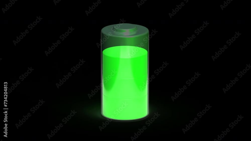 Battery charging. 3d battery with charge indicator on balck background. Seamless loop animation. Battery charging. 3d battery with charge indicator on balck background. Seamless loop animation.