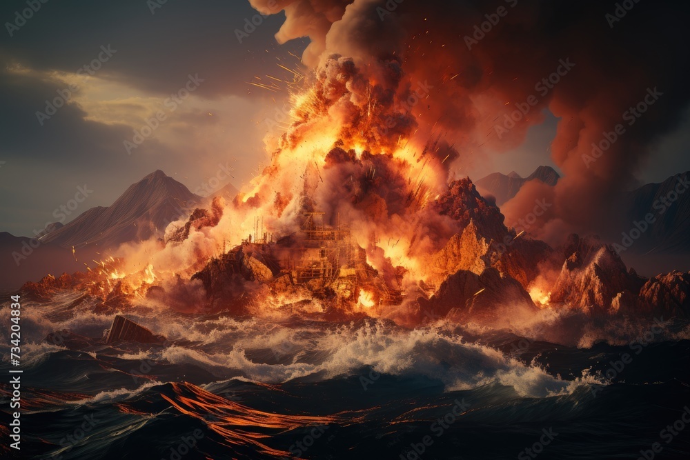 Submarine volcano creates volcanic islands in open sea., generative IA