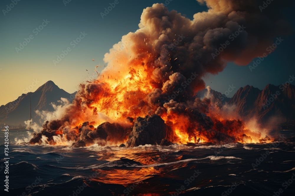 Submarine volcano creates volcanic islands in open sea., generative IA