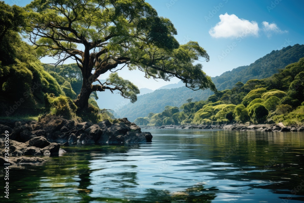 Naklejka premium Exuberant island with forests and serpentant rivers., generative IA