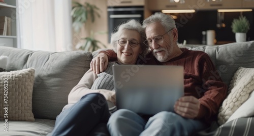 Retired life: senior pair with computer at home. Elderly couple husband and wife sharing for laptop laugh, enjoying family video call talk.