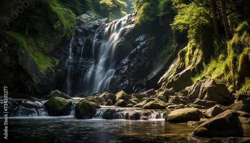 Majestic waterfall flows through lush green forest, a natural beauty generated by AI