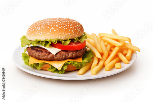 Hamburger with French chips in a plate on a white background