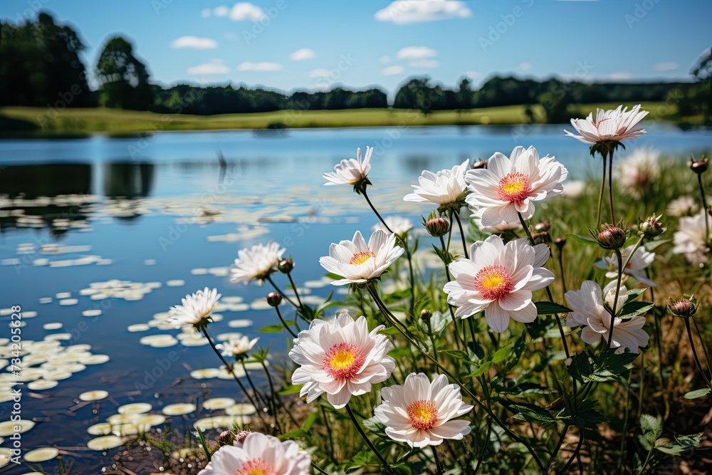 Serene lake surrounded by water -scene, picturesque scene., generative IA Serene lake surrounded by water -scene, picturesque scene., generative IA