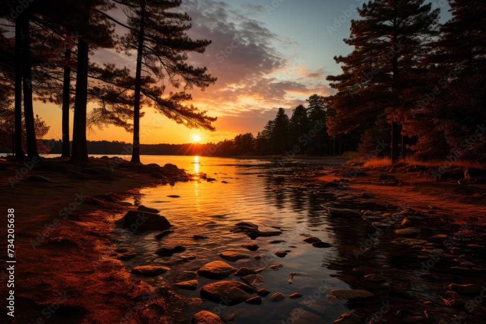 Golden sunset reflecting on serene lake., generative IA