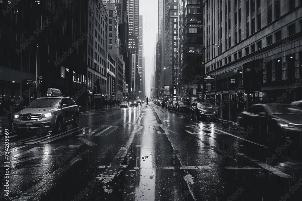 Naklejka premium Black and white photo of a street with cars and high-rise buildings
