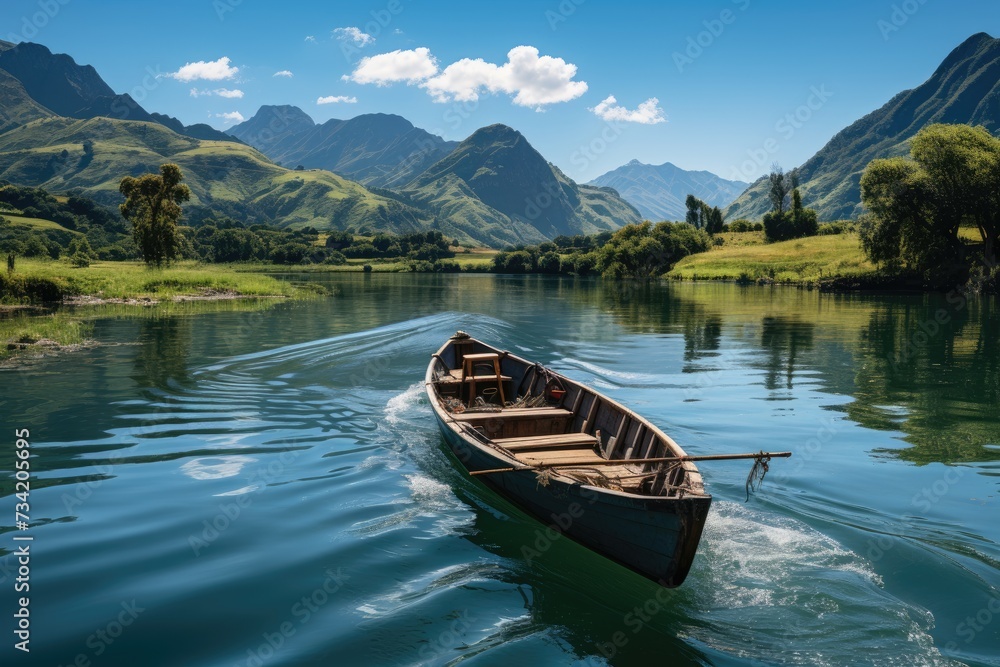 Boat trip in serene and sunny lake., generative IA