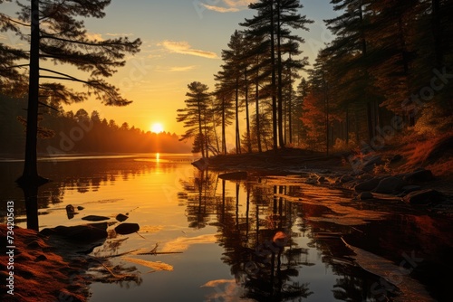 Golden sunset reflecting on serene lake., generative IA