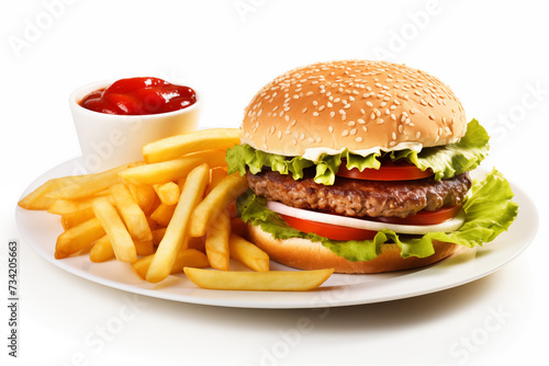 Burger with red sauce and fries isolated on the white plate.