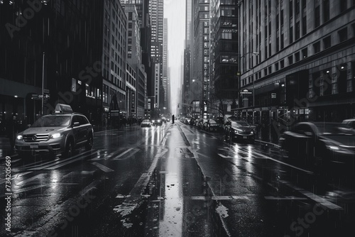 Black and white photo of a street with cars and high-rise buildings