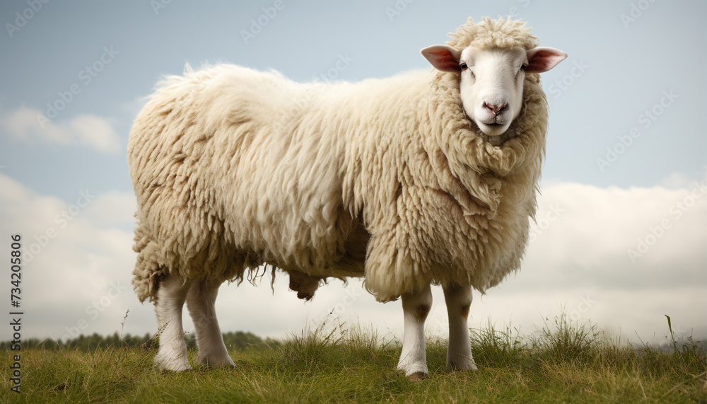 Cute lamb grazing on green grass in peaceful meadow generated by AI Cute lamb grazing on green grass in peaceful meadow generated by AI