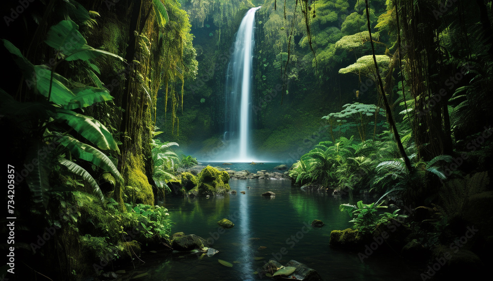Tranquil scene flowing water, green forest, and majestic mountains generated by AI Tranquil scene flowing water, green forest, and majestic mountains generated by AI