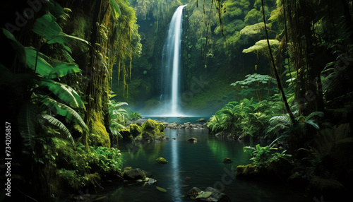 Tranquil scene flowing water  green forest  and majestic mountains generated by AI