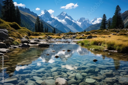 Serene lake surrounded by mountains reflects beauty., generative IA