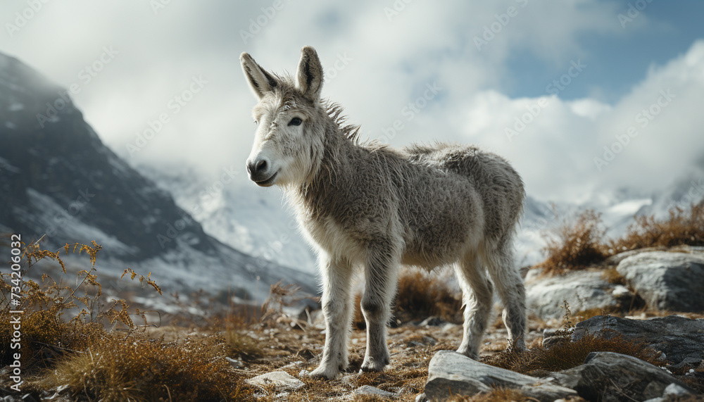 Cute goat grazing on mountain meadow, surrounded by snowy peaks generated by AI Cute goat grazing on mountain meadow, surrounded by snowy peaks generated by AI
