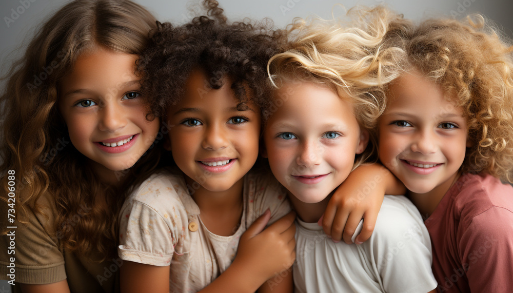 Fototapeta premium Smiling girls, cheerful boys, childhood fun, embracing togetherness, joyful laughter generated by AI