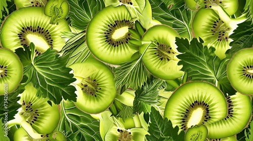  a close up of a kiwi fruit on a green leafy surface with leaves and leaves in the middle of the image and the top half of the kiwi.
