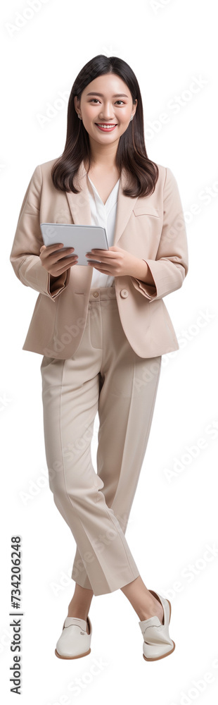 Portrait of a smiling business woman holding tablet and standing on isolate background Portrait of a smiling business woman holding tablet and standing on isolate background