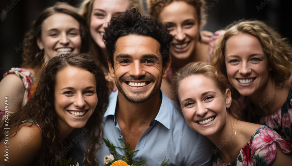 A cheerful group of young adults enjoying a summer party generated by AI A cheerful group of young adults enjoying a summer party generated by AI