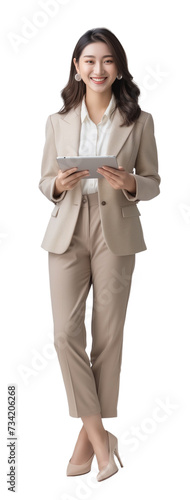 Portrait of a smiling business woman holding tablet and standing on isolate background