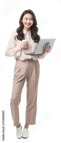 Portrait of happy Asian businesswoman holding laptop and cup of coffee isolate background