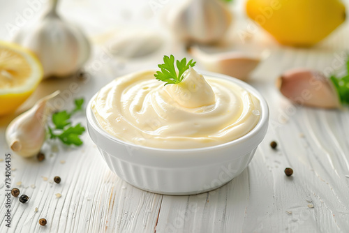Traditional homemade mayonnaise sauce in white ceramic bowl and ingredients for its preparation on white wooden background photo