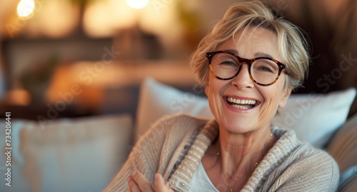 Warm smiles: cheerful senior woman relaxing at home. Elegant pretty older woman in elegant glasses sitting on cozy home couch, senior happiness. photo