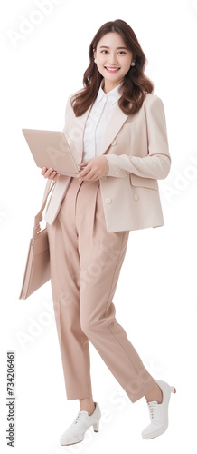 Portrait of happy Asian businesswoman holding laptop and cup of coffee isolate background