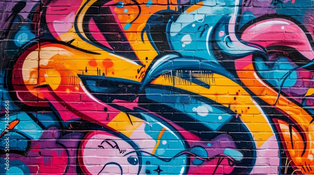 Fototapeta premium Beautiful street art graffiti. Abstract creative drawing fashion colors on the walls of the city. Urban Contemporary Culture