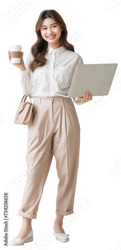 Portrait of happy Asian businesswoman holding laptop and cup of coffee isolate background