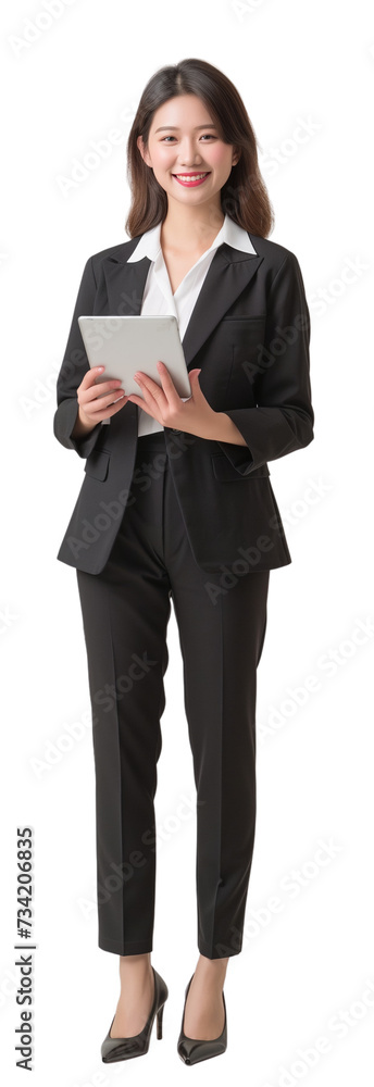Portrait of a smiling business woman holding tablet and standing on isolate background