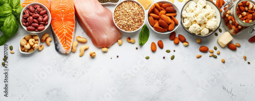 A variety of nutritious foods including salmon, legumes, grains, and nuts arranged neatly on a white surface.