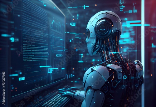 Smart AI. Robot programmer touch Internet network and analyzing software coding development on futuristic interface, Data scientist, Robot engineering, Deep learning of artificial. Generative AI