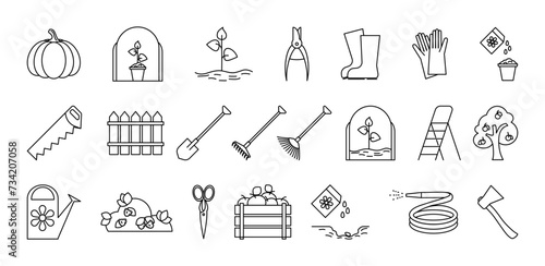 Gardening elements - minimal thin line icon set. Collection of contour icons. Simple illustration. Vector