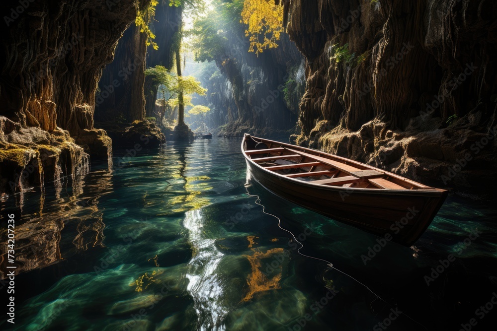 Magic boat trip in underground cave., generative IA