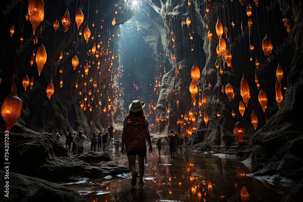 Explorers marvel at brilliant cave crystals., generative IA - obrazy, fototapety, plakaty 