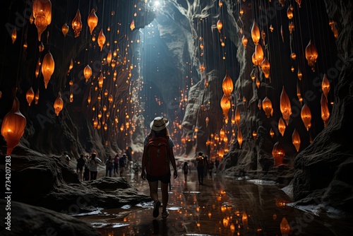 Explorers marvel at brilliant cave crystals., generative IA