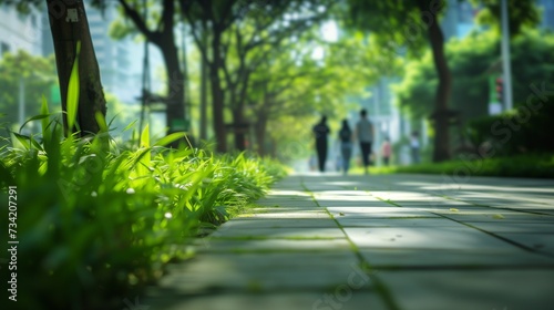 Sidewalk lined with thriving plants and trees in a sustainable urban setting, promoting eco-friendly living and pedestrian health through a well-designed walkway.