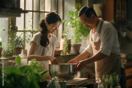 Elderly couple in cozy kitchen enjoying a sunny summer morning while baking a heartwarming pie