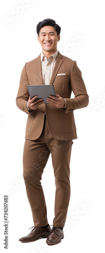 Full length Portrait of a smiling Asian businessman tablet isolate background