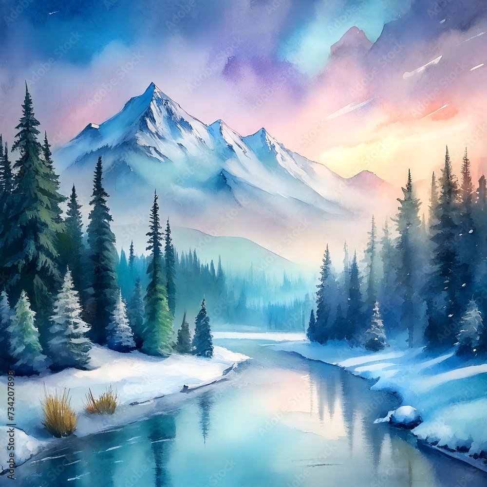 Winter landscape in the mountains. Executed in watercolor medium.