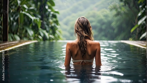 A content woman swims in an infinity pool with a view of the jungle while enjoying the warm tropical rain pouring on her. back view © Izhar