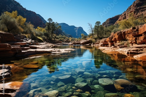 Canyon with pools reflecting clear sky., generative IA