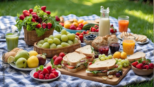 a delightful picnic spread set amidst a lush green garden. Feature an array of fresh foods such as sandwiches, fruits, salads, and beverages