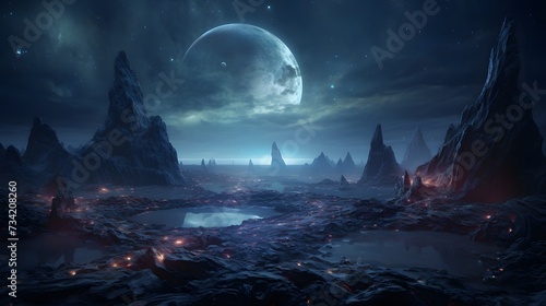 An alien landscape with bioluminescent flora, strange rock formations, and an otherworldly sky © Graphica Galore