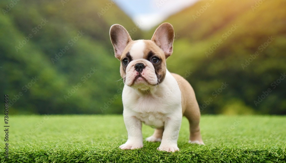 white brown french bulldog puppy standing on green artificial grass